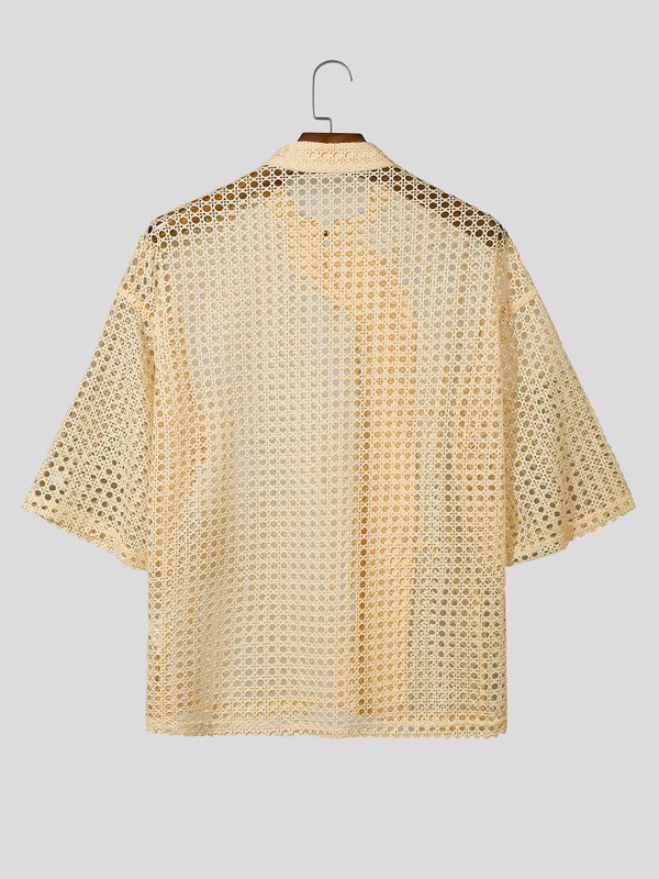 Men's Hollow Out Mesh Frog Button Half Sleeve Shirt SKUL55348