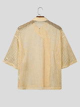 Men's Hollow Out Mesh Frog Button Half Sleeve Shirt SKUL55348