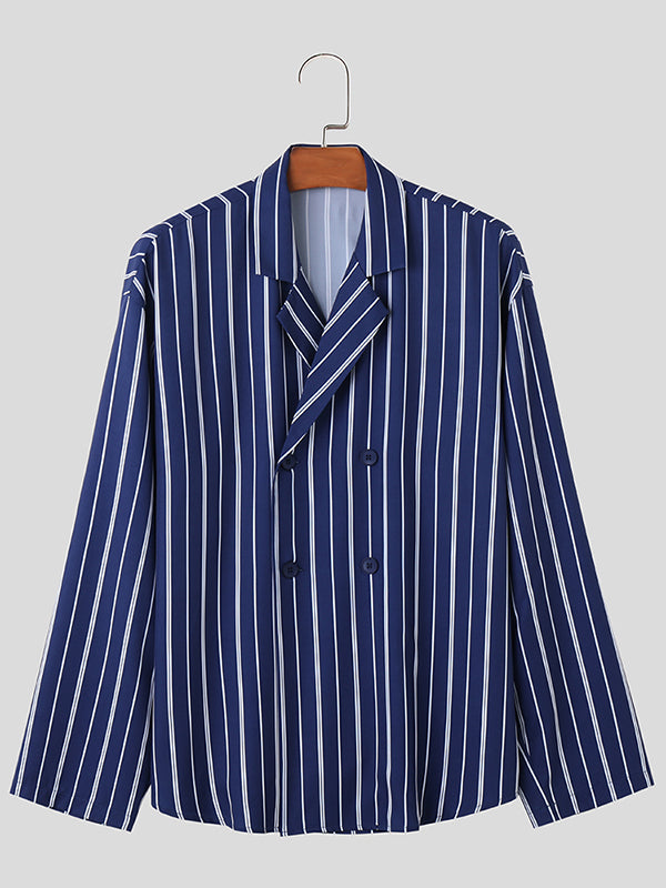 Mens Striped Lapel Double Breasted Casual Shirt SKUK37356