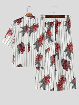 Mens Floral Print Striped Two Pieces Outfit SKUL08648