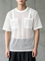 Men's Avant-Garde High Street Sheer Fishnet Mesh Button Detail Cargo Pocket T-shirt SKUL65245