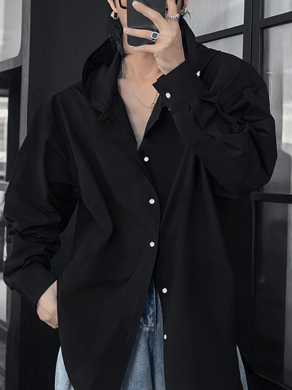 Men's Solid Color Minimalist Hooded Long Sleeve Shirt SKUL31682