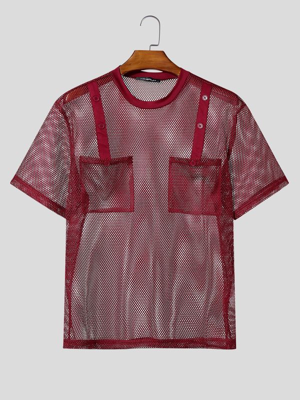Men's Avant-Garde High Street Sheer Fishnet Mesh Button Detail Cargo Pocket T-shirt SKUL65245