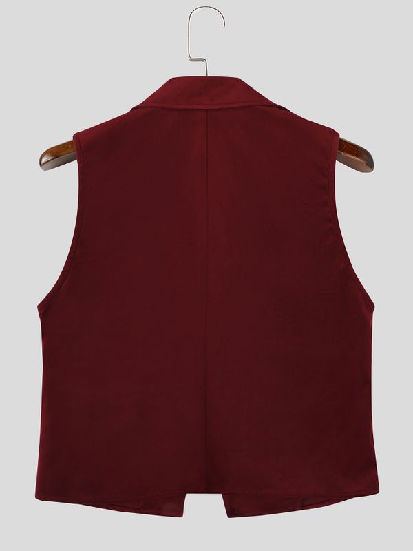 Men's Retro Quiet Luxury Cocktail Party Faux Suede Metal Chain Link Sleeveless Lapel Collar Waistcoat SKUL83165