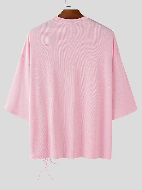 Mens Solid Color Textured Drawstring Short Sleeve T-Shirt SKUL16850