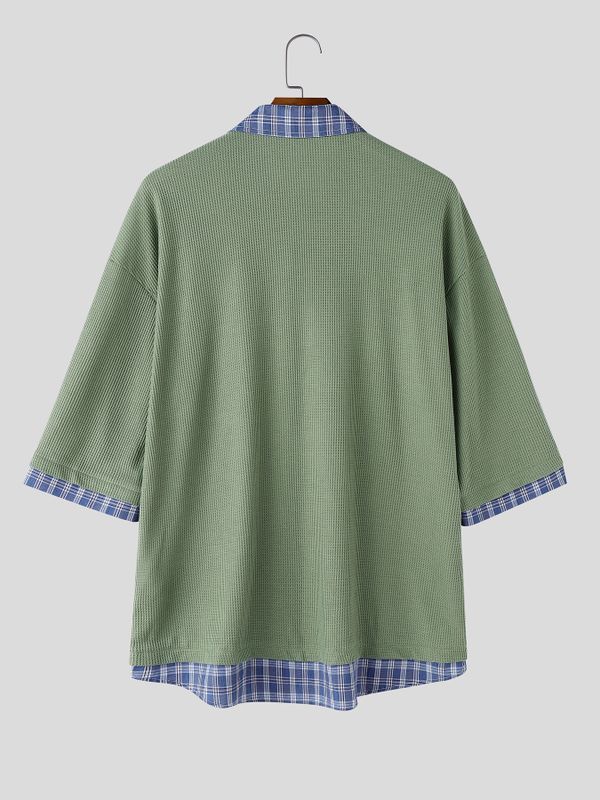Men's Vintage Preppy Faux Twinset Contrast Plaid Collar Cute Animal Embroidered Polo Shirt SKUL68994