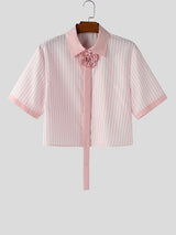 Men's Avant-Garde Cropped Pinstripe 3D Rose Necktie Shirt SKUL55388
