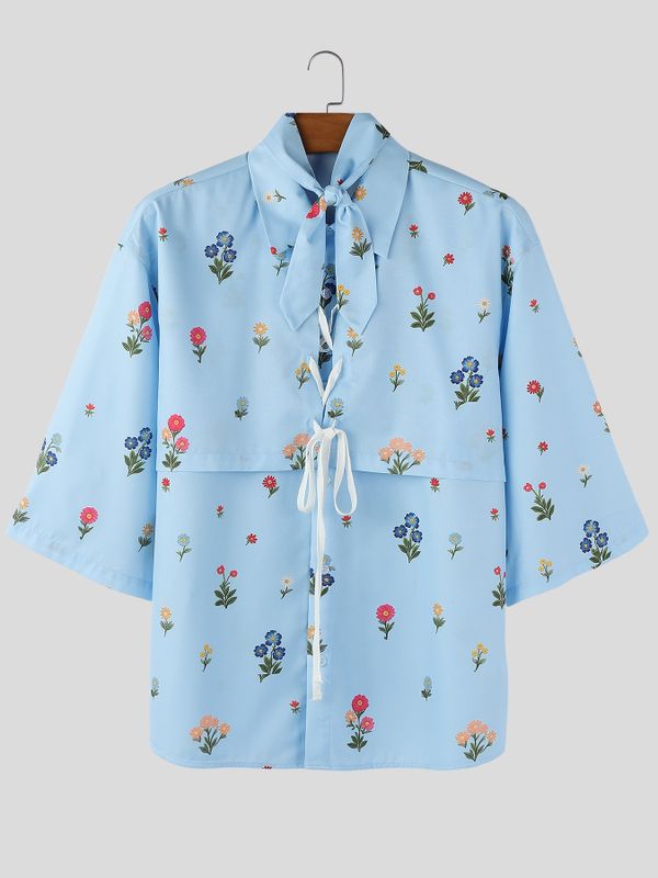 Men's Floral Print Drawstring Half Sleeve Shirt SKUL53142