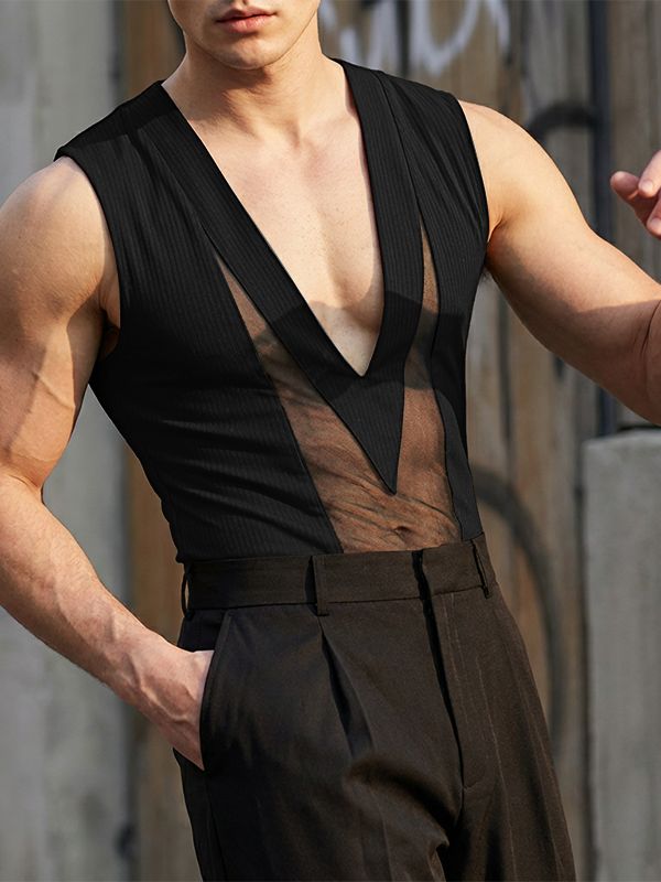 Men's Sheer Mesh Patchwork Knit Tank SKUL56123