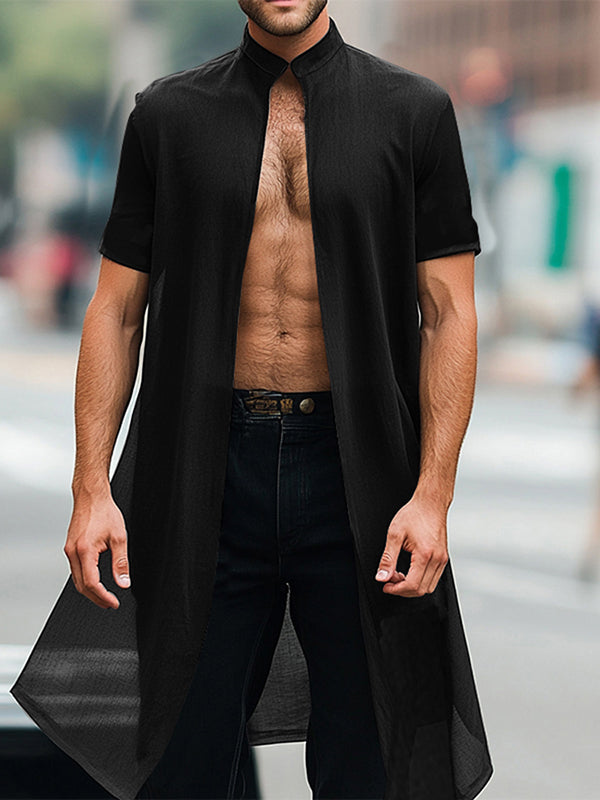 Mens Solid Color Long Hem Short Sleeve Cardigan SKUL05772