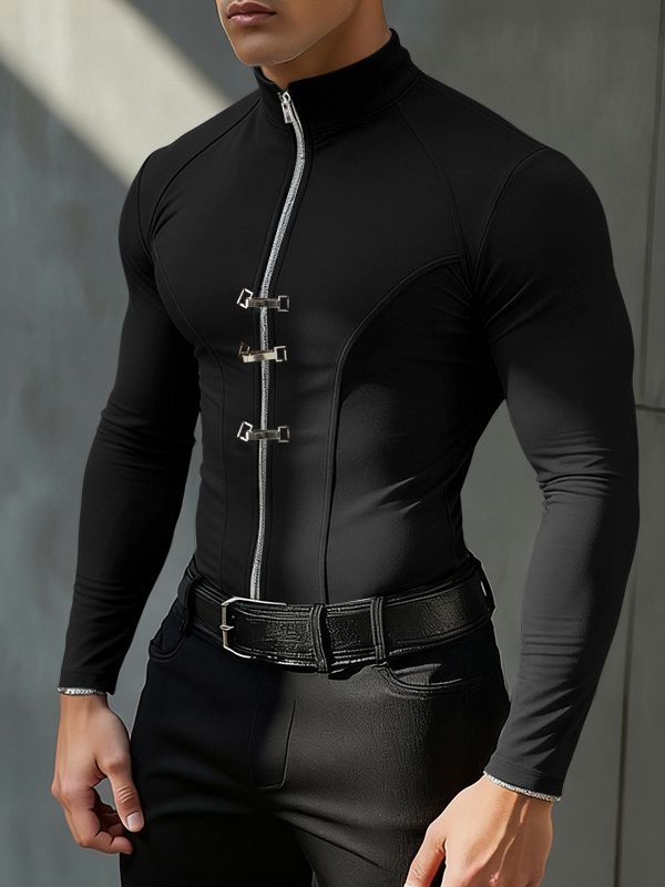 Men's Solid Color Knit Zip Long Sleeve T-shirt SKUL42806