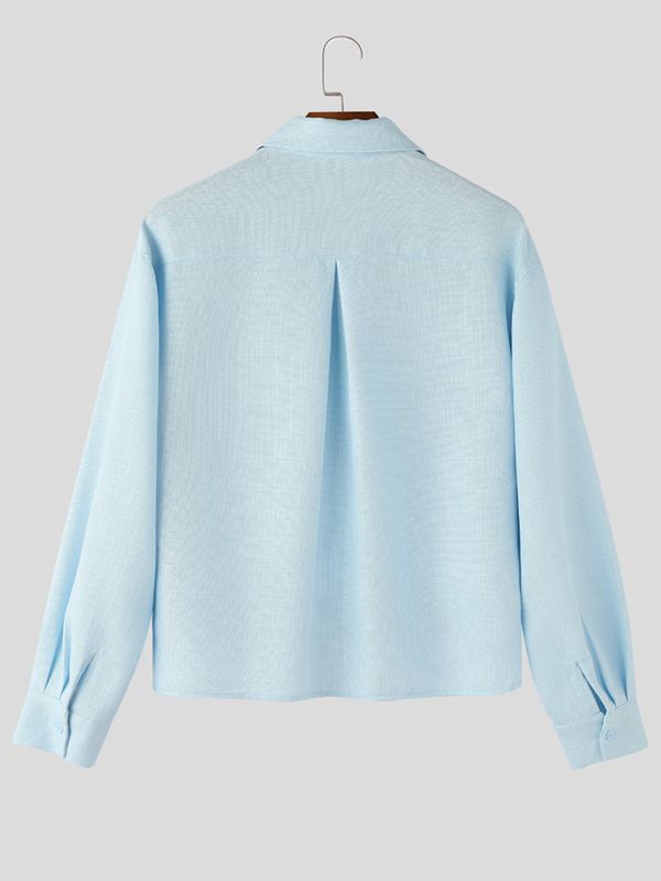 Men's High-Street Minimalist Aesthetic Structured Bamboo Slub Textured Cropped Long Sleeve Shirt SKUL73658