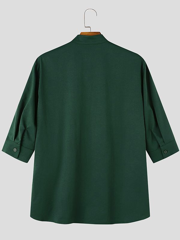 Men's Minimalist Clean-Fit Daily Commute Concealed Placket Mandarin Collar 3/4 Sleeve Shirt SKUL84679
