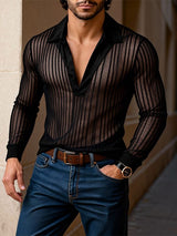 Men's Sheer Mesh Striped V Neck Long Sleeve Shirt SKUL53963