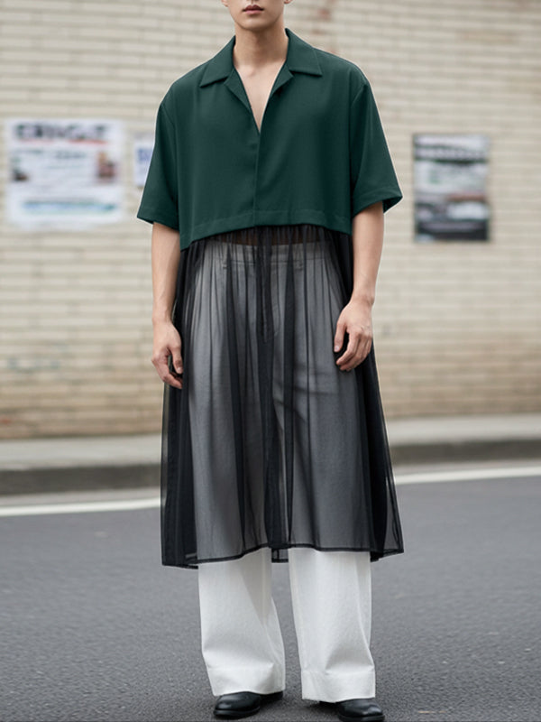 Men's Sheer Mesh Patchwork Short Sleeve Cardigan SKUL49877