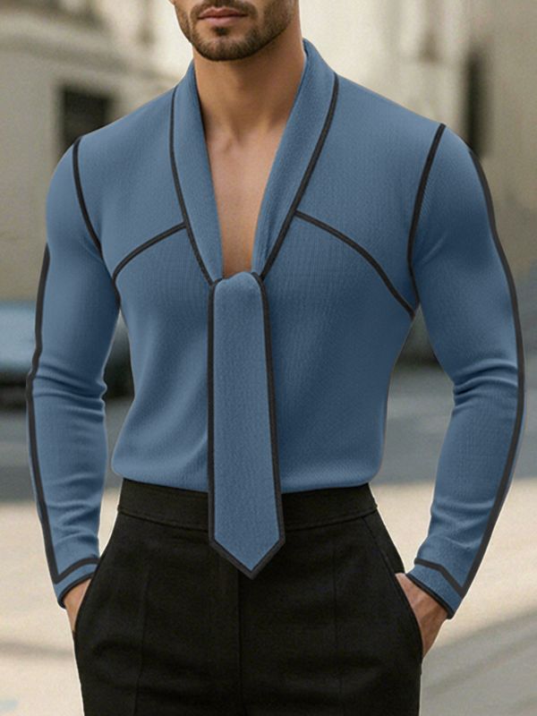 Men's Knit Contrast Color Tie Long Sleeve T-shirt SKUL43758