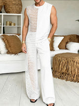 Men's Avant-Garde High Street Half-Sided Grid Hollow Cutout Two Pieces Outfit SKUL74797