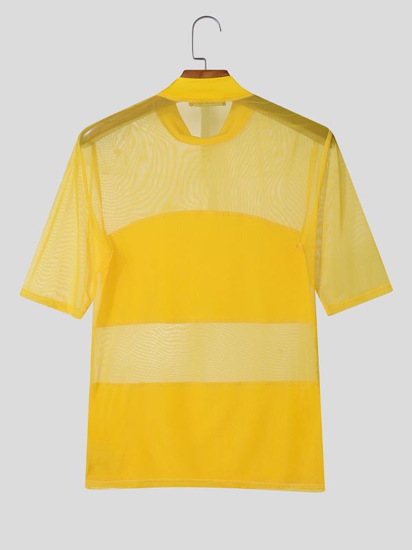 Men's Avant-Garde Sheer Mesh Paneled Mock Neck T-shirt SKUL63115