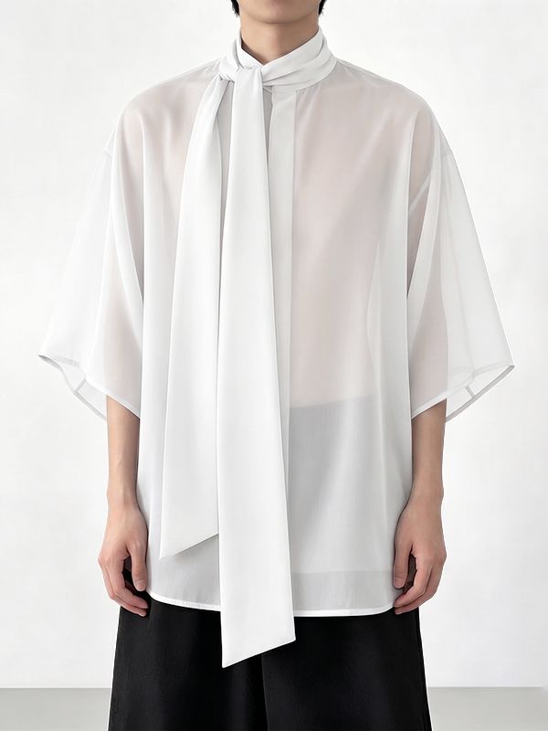 Men's Avant-Garde New Romanticism Sheer Organza Long Pussy-Bow Shirt SKUL68398