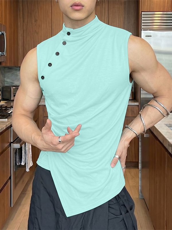 Men's Avant-Garde Asymmetric Slant Button High Neck Crinkled Ruched Tank SKUL67997