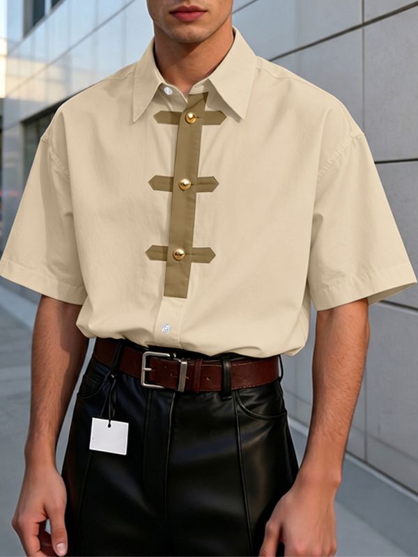 Men's Contrast Color Patchwork Gold Frog Button Lapel Short Sleeve Shirt SKUL61865