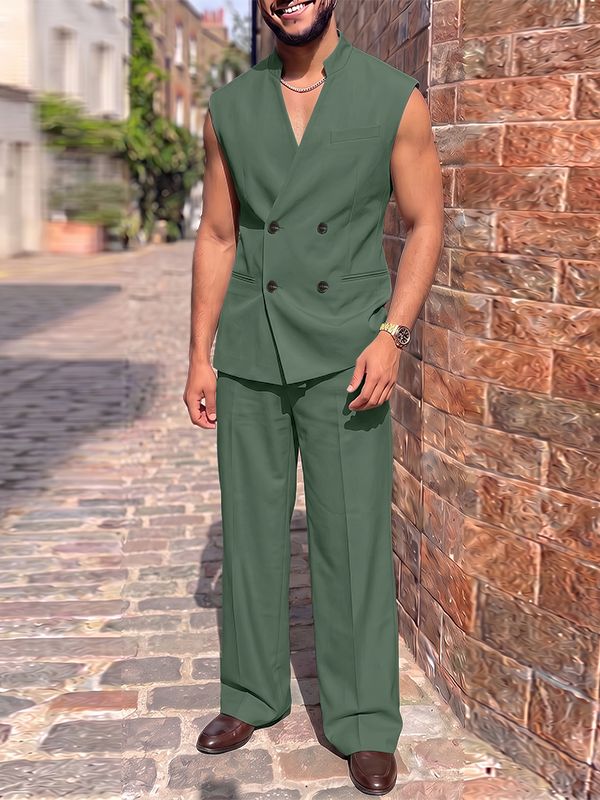Men's Elegant Double-Breasted Stand Collar Two Pieces Outfit SKUL77311