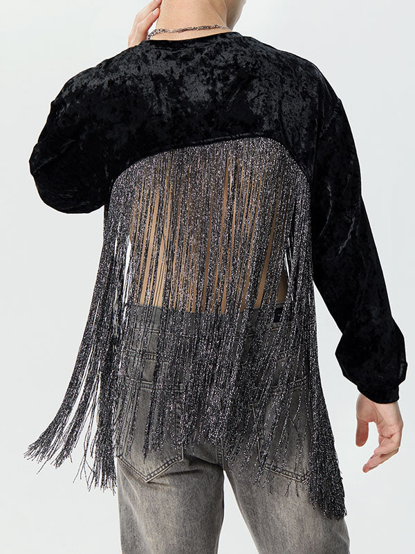 Mens Velvet Fringe Patchwork Long Sleeve T-Shirt SKUK40465