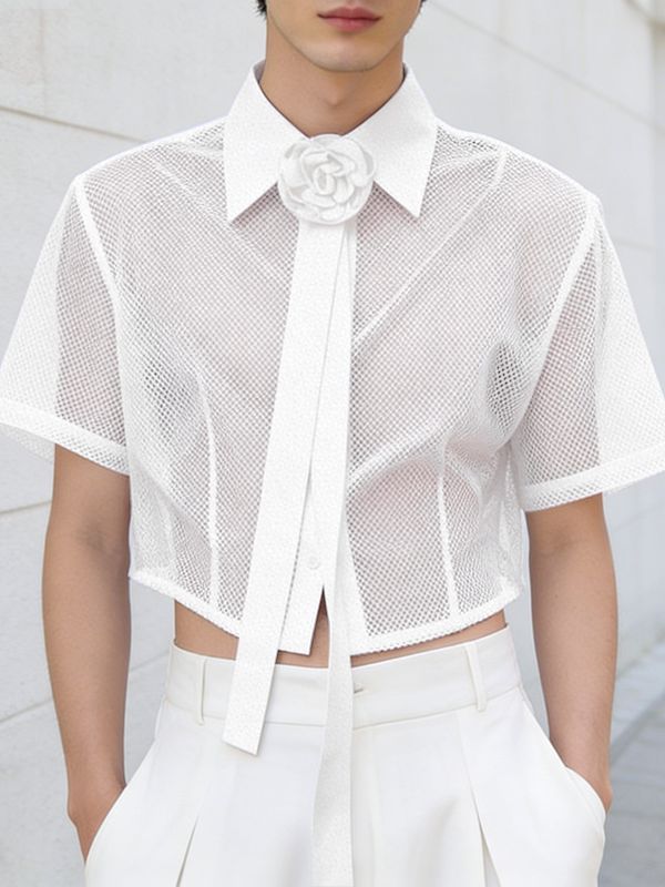Men's Avant-Garde Cropped Sheer Mesh Short Sleeve Shirt SKUL56244