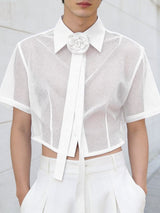 Men's Avant-Garde Cropped Sheer Mesh Short Sleeve Shirt SKUL56244