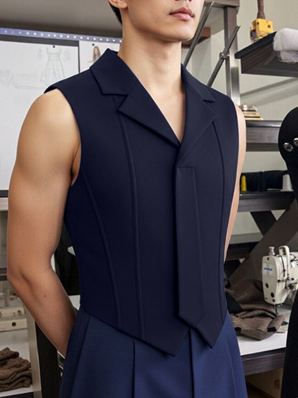 Men's Avant-Garde Asymmetric Notch Lapel Integrated Tie Deconstructed Tank SKUL63097