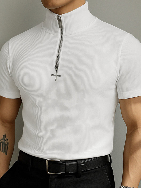 Mens Solid Color Textured Zipper Short Sleeve T-Shirt SKUL15196