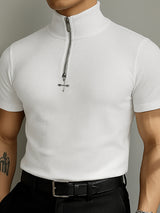 Mens Solid Color Textured Zipper Short Sleeve T-Shirt SKUL15196