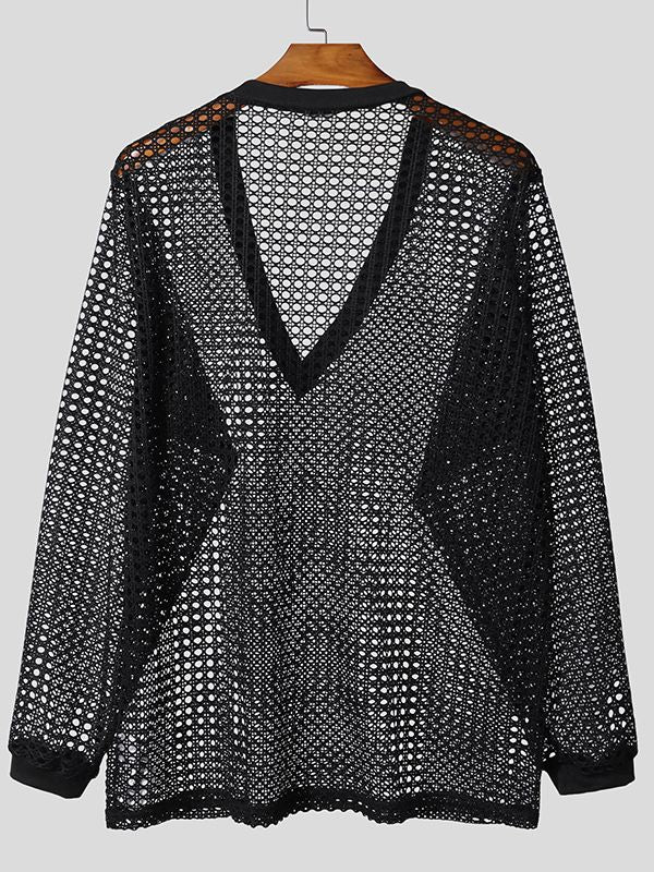 Men's Sheer Mesh Deep V Neck Long Sleeve T-shirt SKUL46266