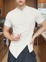 Men's Avant-Garde Asymmetric Diagonal Button Ruched Mock Neck Short Sleeve T-shirt SKUL66872