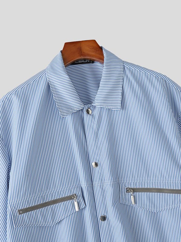 Men's Striped Utility Short Sleeve Shirt SKUL58657