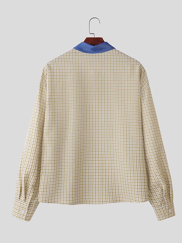 Men's Cartoon Print Plaid Contrast Collar Long Sleeve Shirt SKUL42673