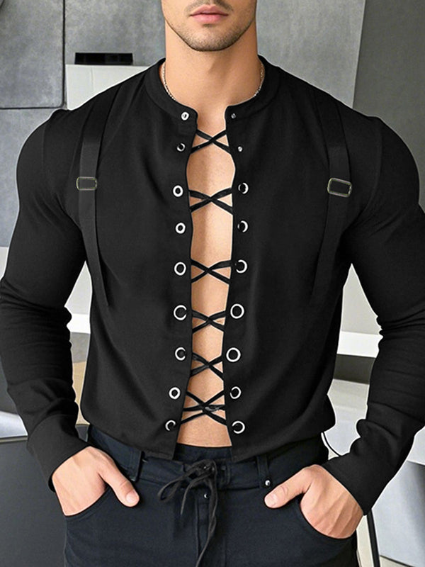 Mens Tie-Up Interwoven Hollow-Out Long Sleeve T-Shirt SKUK95749