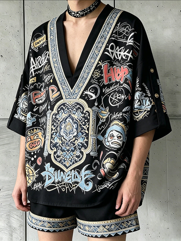 Men's High-Street Avant-Garde Graffiti Print Loose Short Sleeve Shirt SKUL70363