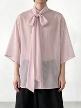 Men's Avant-Garde Sheer Pinstripe Pussy-Bow Neck Ties Oversized Short Sleeve Shirt SKUL66224