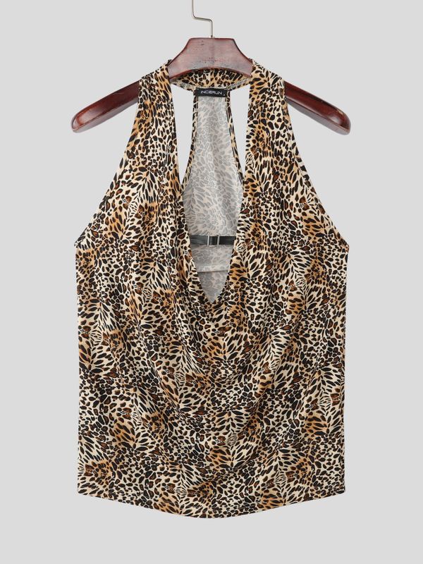 Men's Clubwear Leopard Print Deep V Neck Halter Tank SKUL60999