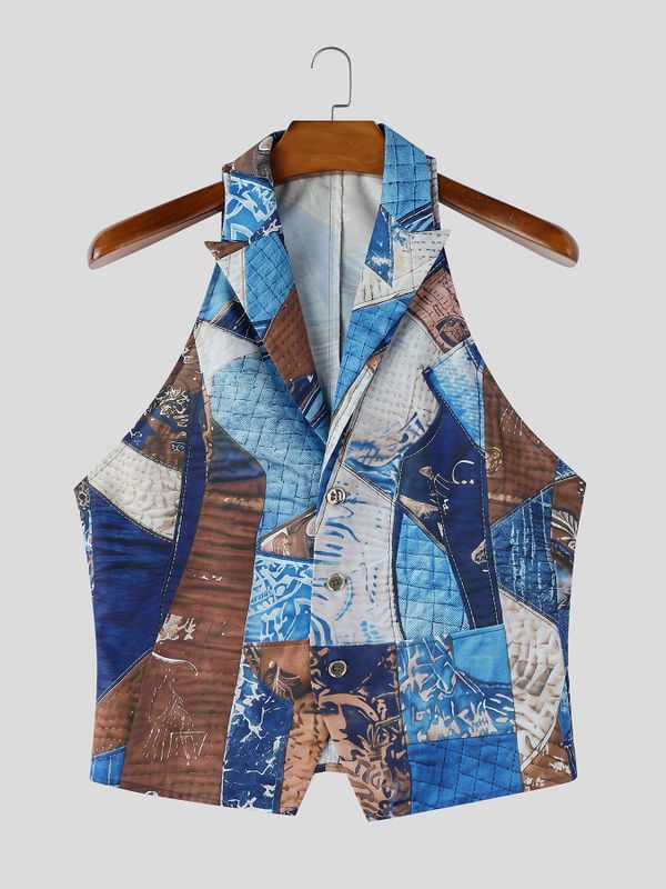 Men's Vintage Patchwork Print Lapel Collar Button Up Waistcoat SKUL69518