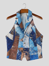 Men's Vintage Patchwork Print Lapel Collar Button Up Waistcoat SKUL69518