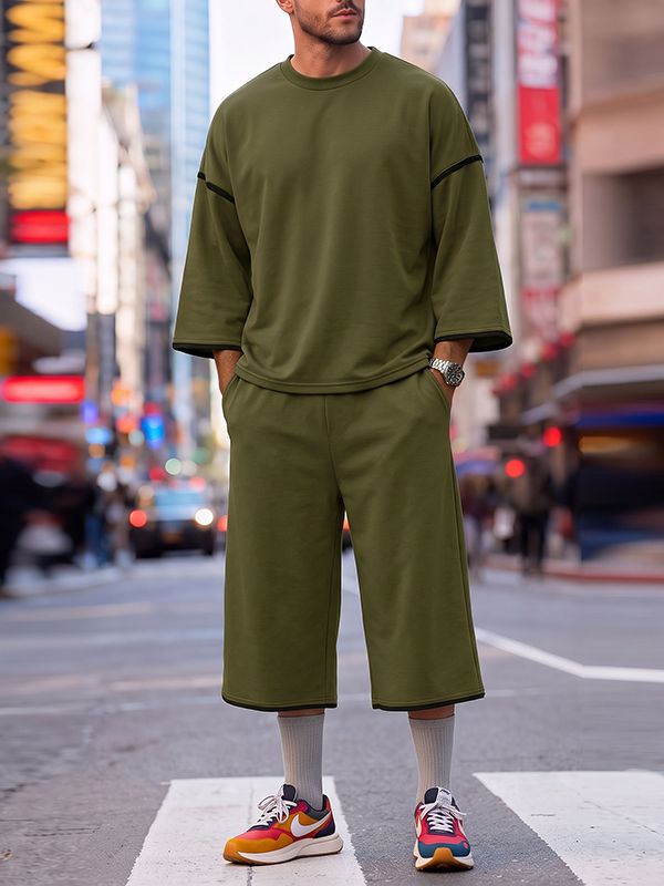 Men's Urban Streetwear City Walk Contrast Trim Oversized Drop-Shoulder Two Pieces Outfit SKUL84618