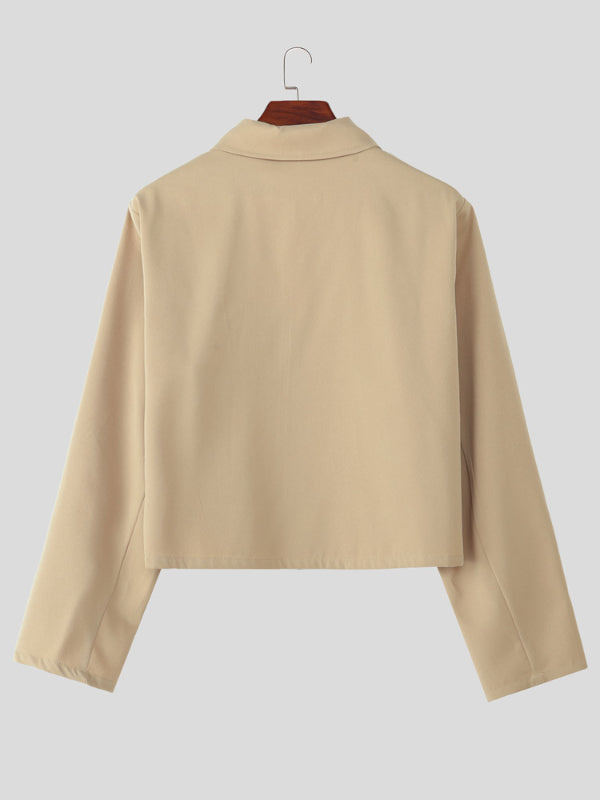 Men's Solid Color Zip Cropped Long Sleeve Jacket SKUL29607