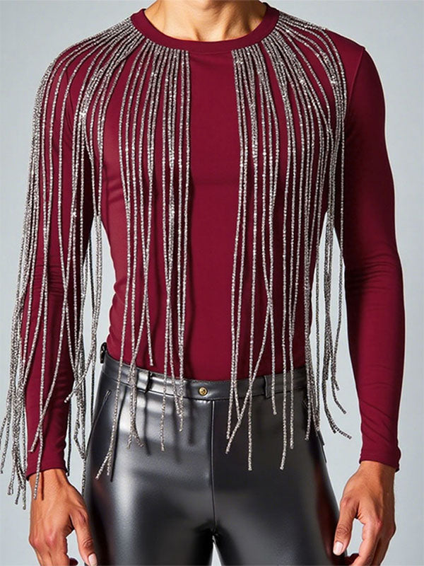 Men's Glitter Tassel Patchwork Crew Neck Long Sleeve T-Shirt SKUL23657