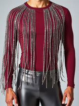 Men's Glitter Tassel Patchwork Crew Neck Long Sleeve T-Shirt SKUL23657