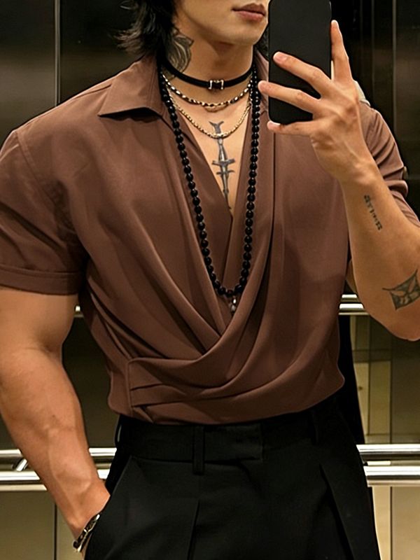 Men's Solid Color Ruched Short Sleeve Shirt SKUL58726
