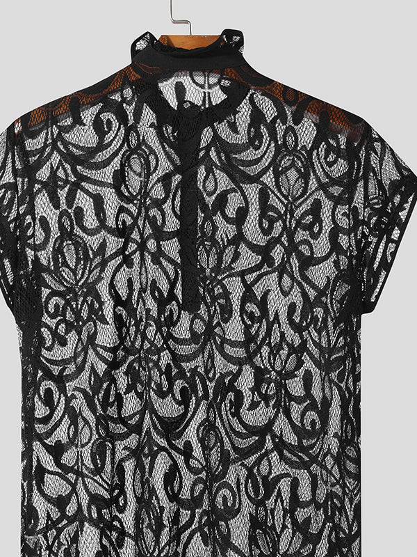 Mens Lace See Through Stand Collar Shirt SKUK58961