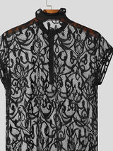 Mens Lace See Through Stand Collar Shirt SKUK58961