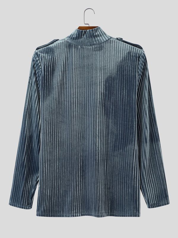 Men's Early Autumn Retro Pleated Velvet Slim Fit Long Sleeve Turtleneck T-shirt SKUL81737